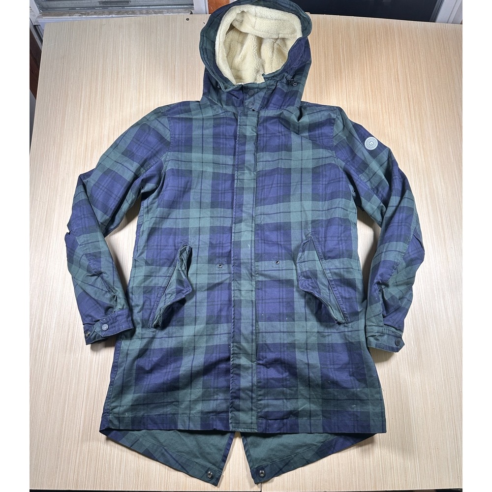Scotch & Soda Parka Jacket Mens Large Blue Green Plaid Sherpa Lined Travel Light